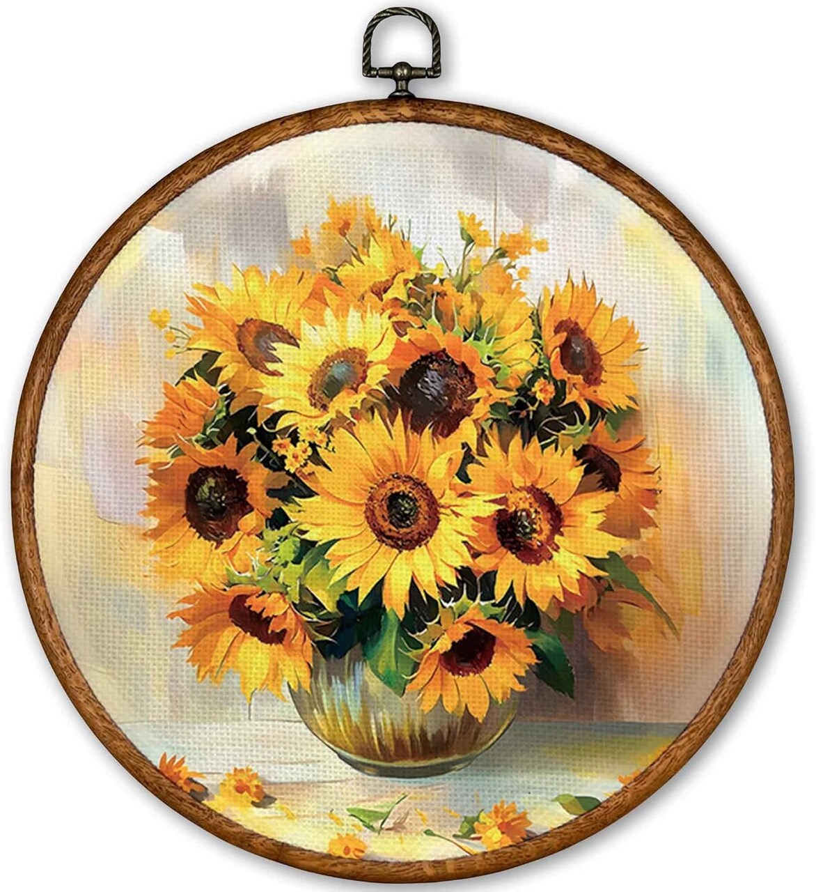 Summer Vintage Sunflower Round Wall Art Decor 10x10, Rustic Floral Framed Canvas Prints Wall Artwork, Aesthetic Flowers Wall Hanging Room Door Decor for Farmhouse Bedroom Living Room Kitchen